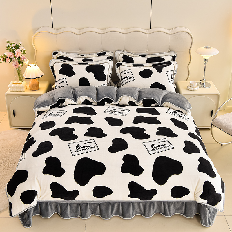 夏娃之秀2025新款加厚床裙吊边韩版牛奶绒被套双面绒防静电四件套