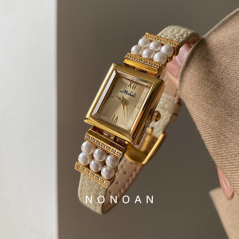 NONOAN 珍珠链条高级感手表方形表盘小众气质时尚女表ins风石英表