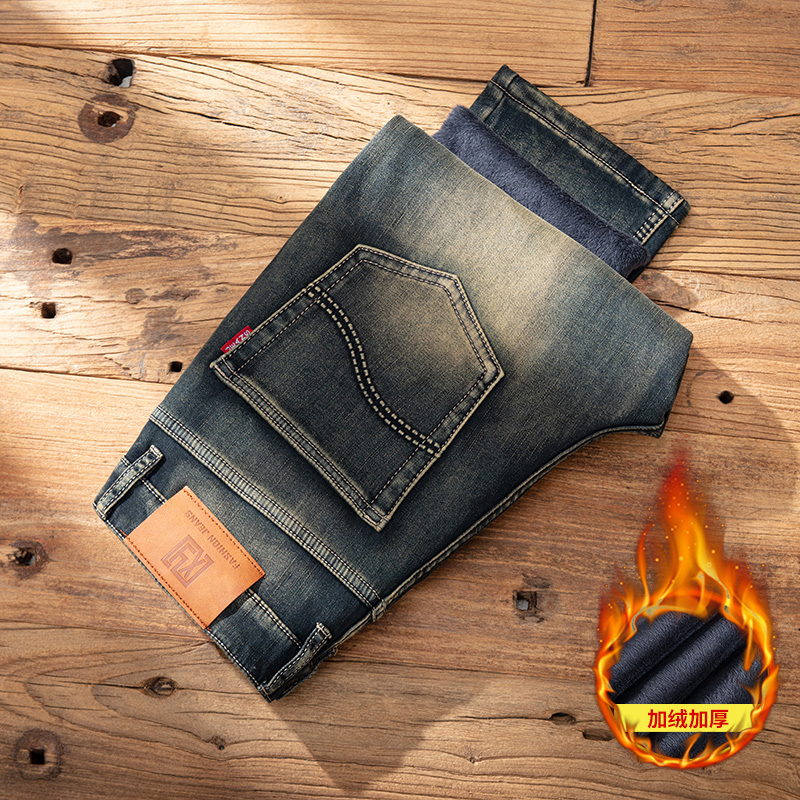 冬季高档复古黄加绒加厚牛仔裤男修身直筒弹力潮流男士保暖长裤
