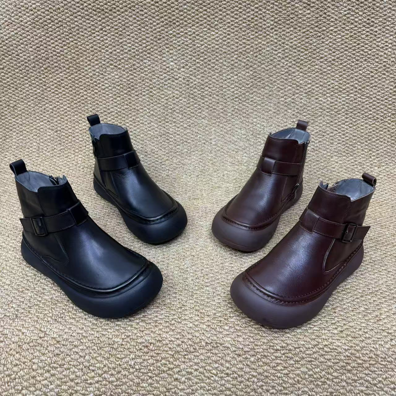 2716-23A新款冬季纯色牛皮侧拉链平跟大棉女靴短靴保暖复古百搭