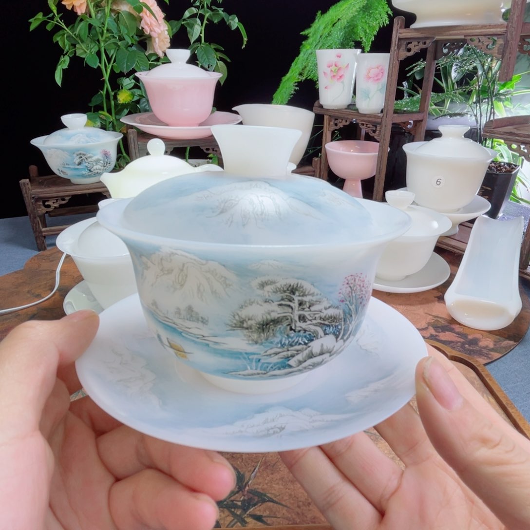 璞玉素烧手绘江雪大元宝200ml