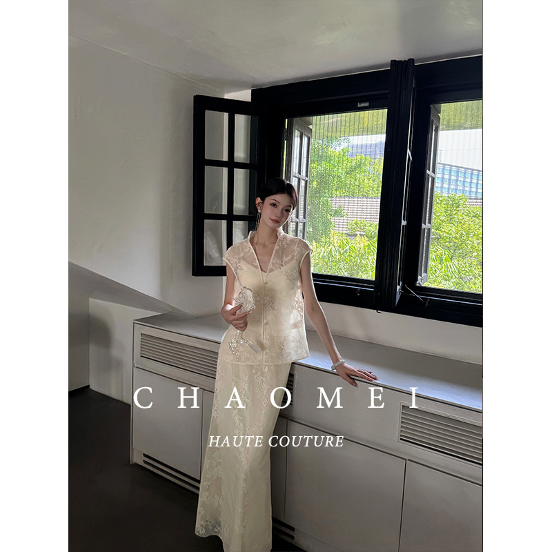 冯（CHAOMEI【东方既白】国风新中式女装蕾丝刺绣马甲+缎面刺绣半裙