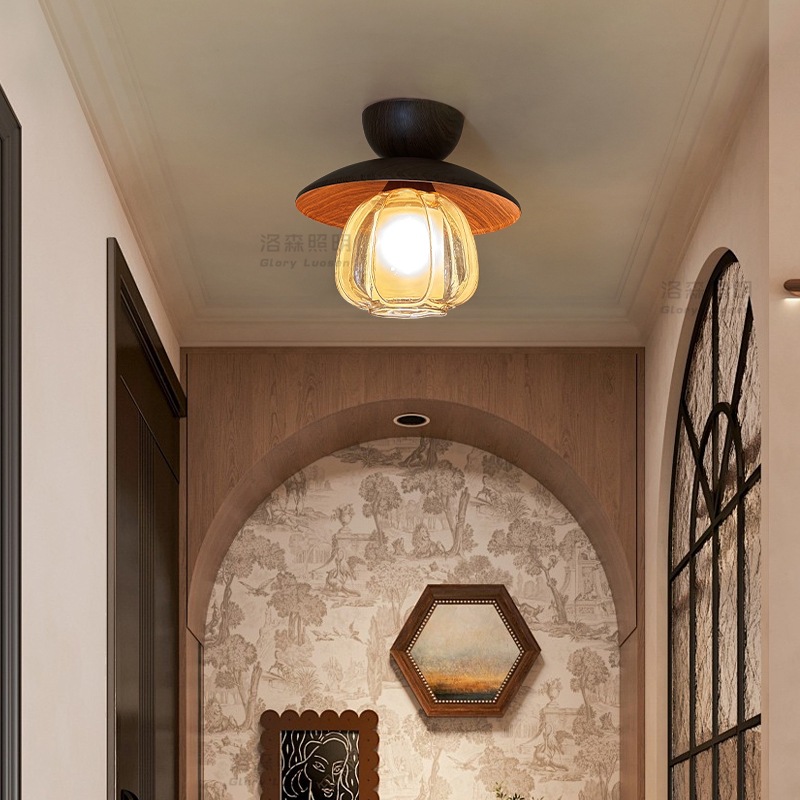 美式复古实木玻璃走廊过道灯玄关衣帽间灯中古风侘寂风护眼阳台灯
