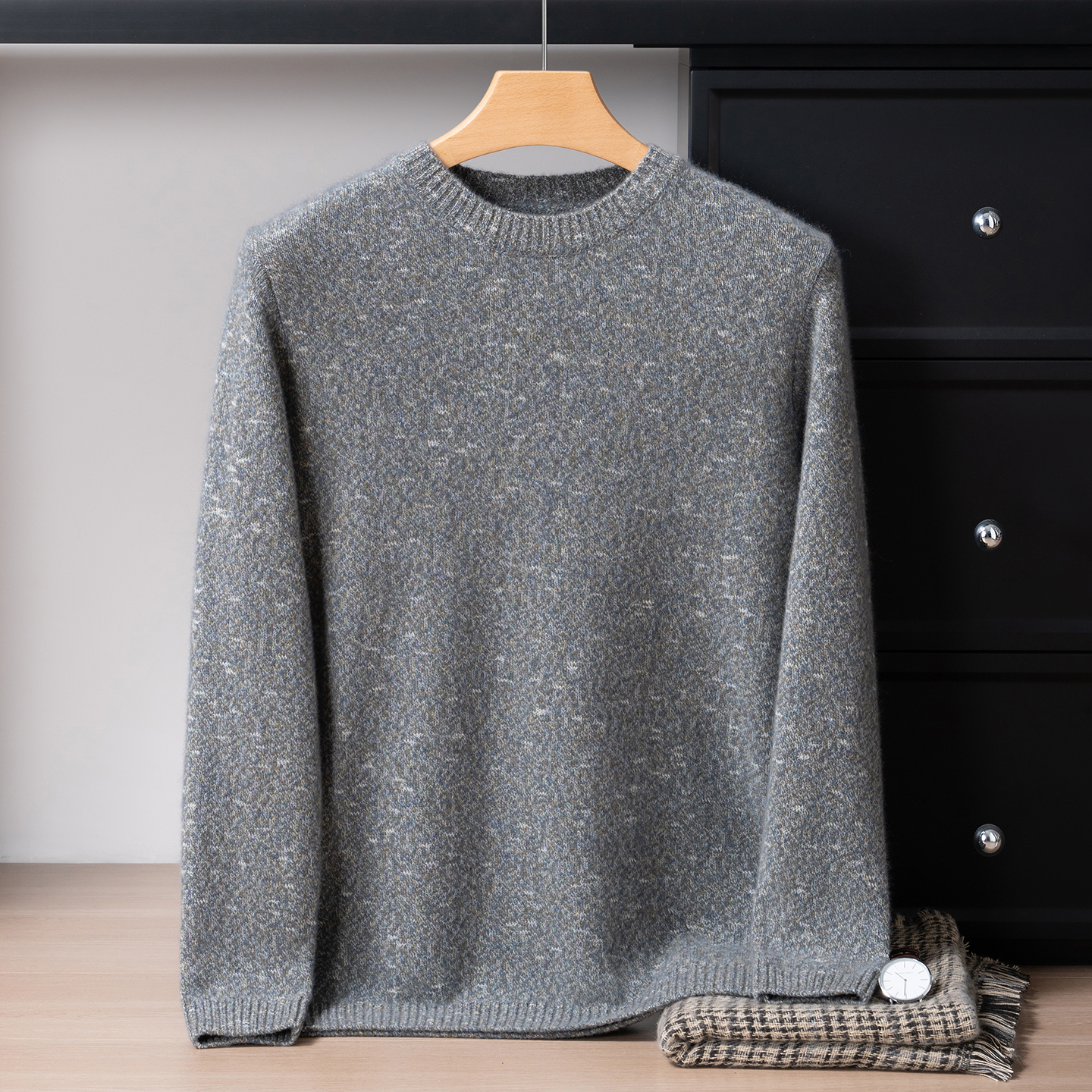 针织秋冬新款100纯山羊绒衫男圆领七针加厚特种花纱宽松打底毛衣