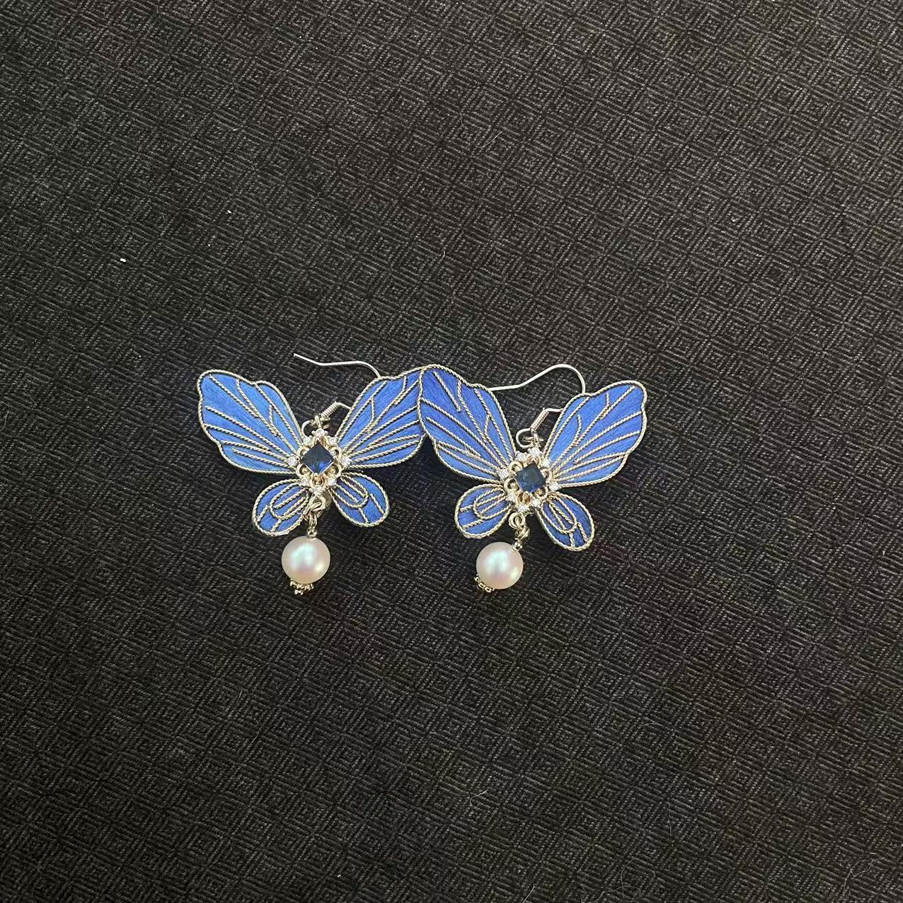 非金属布艺耳饰 【蓝蝴蝶】刺绣纯手工非遗耳钉款