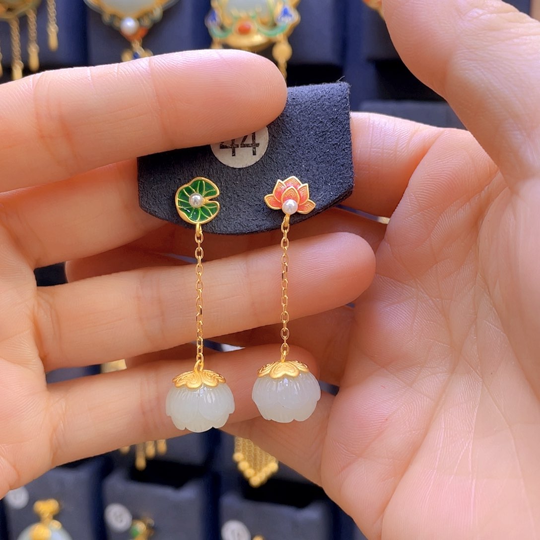 和田玉耳饰银S925镀金镶嵌