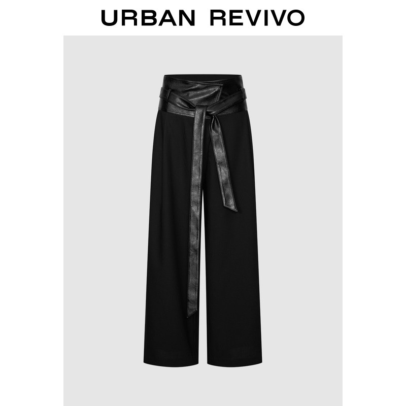 UR2026春季新款女装潮流摩登拼接PU腰带超长阔腿裤UWJ660002