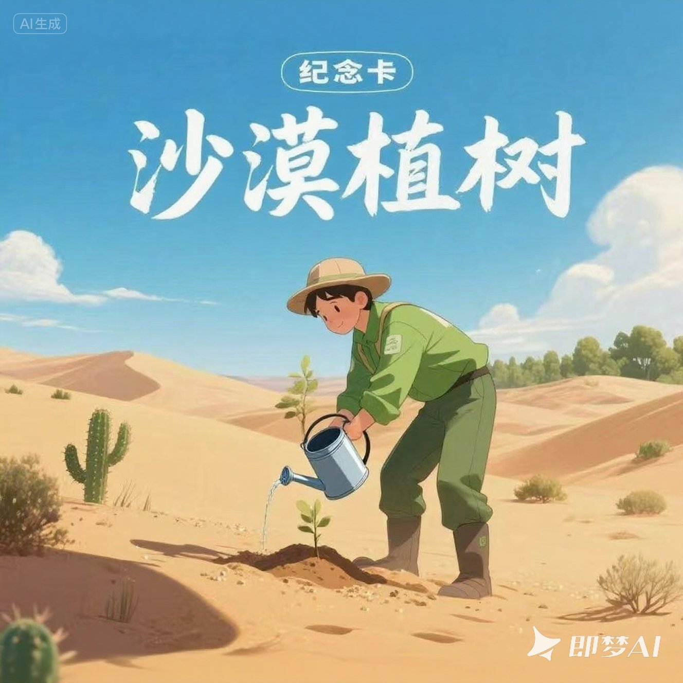 沙漠植树浇水明信片l