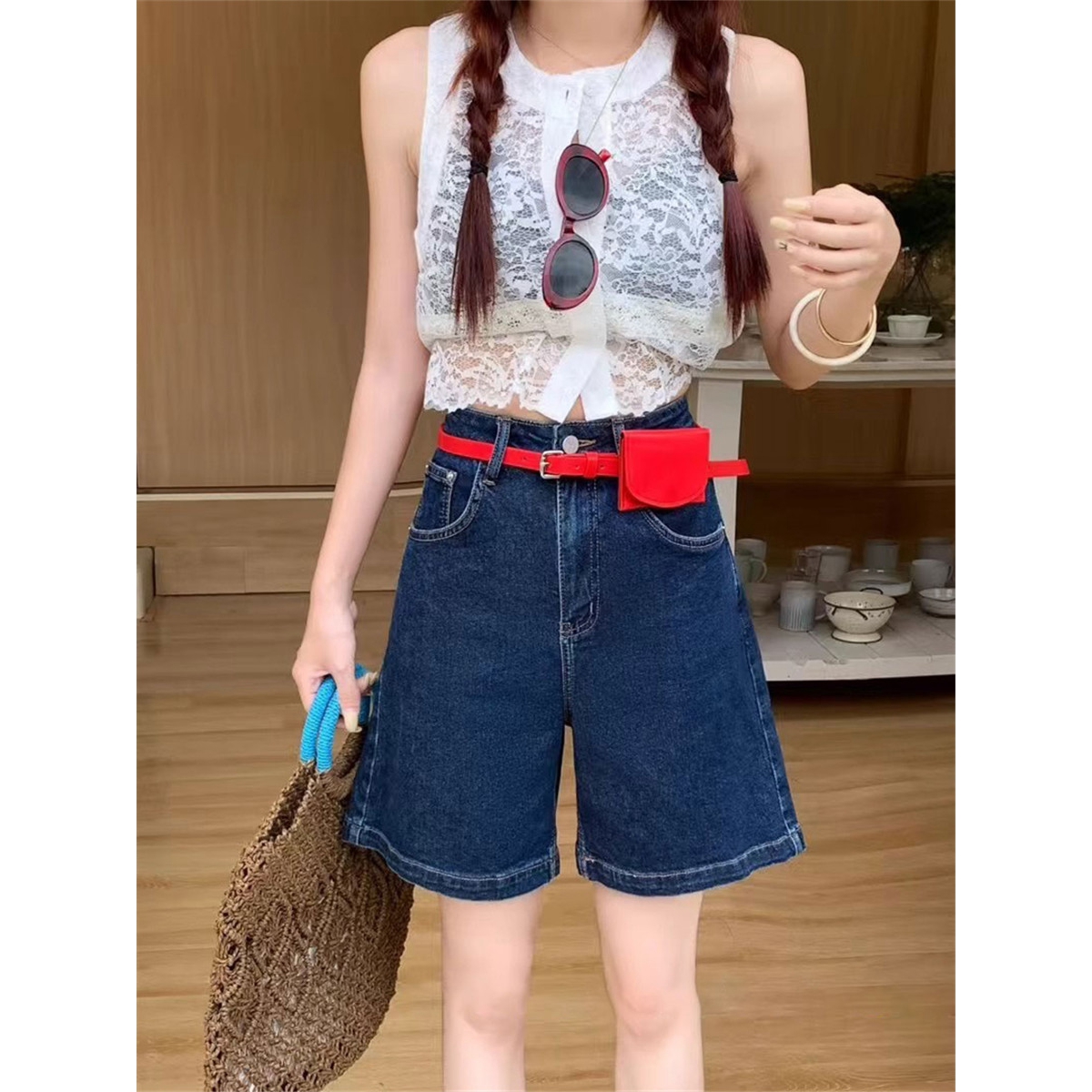 清 7259 欧货深蓝高腰五分牛仔短裤女夏洗水宽松显瘦直筒阔腿中裤