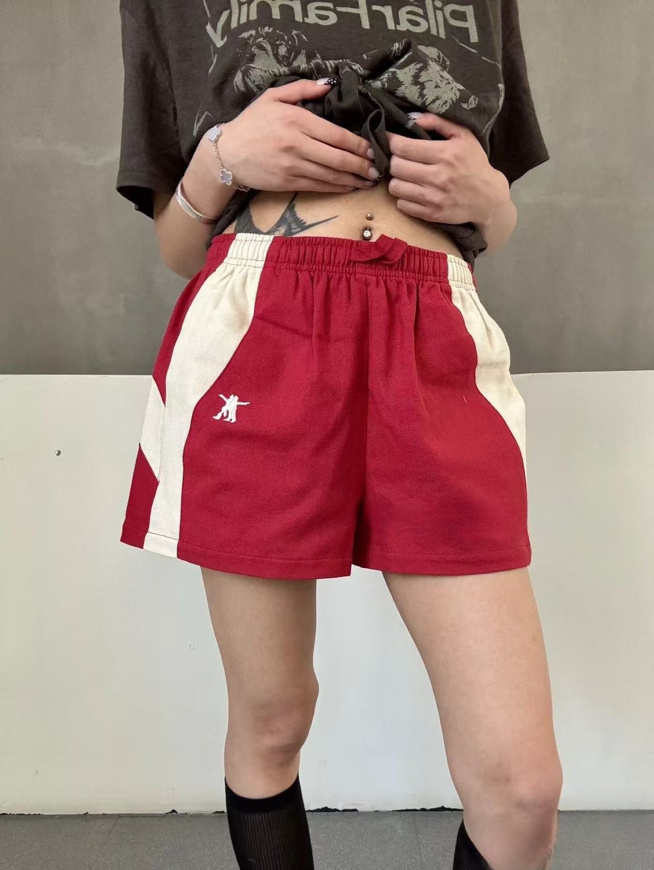 2025YY门夏季新款拼色宽松麻麻短裤女