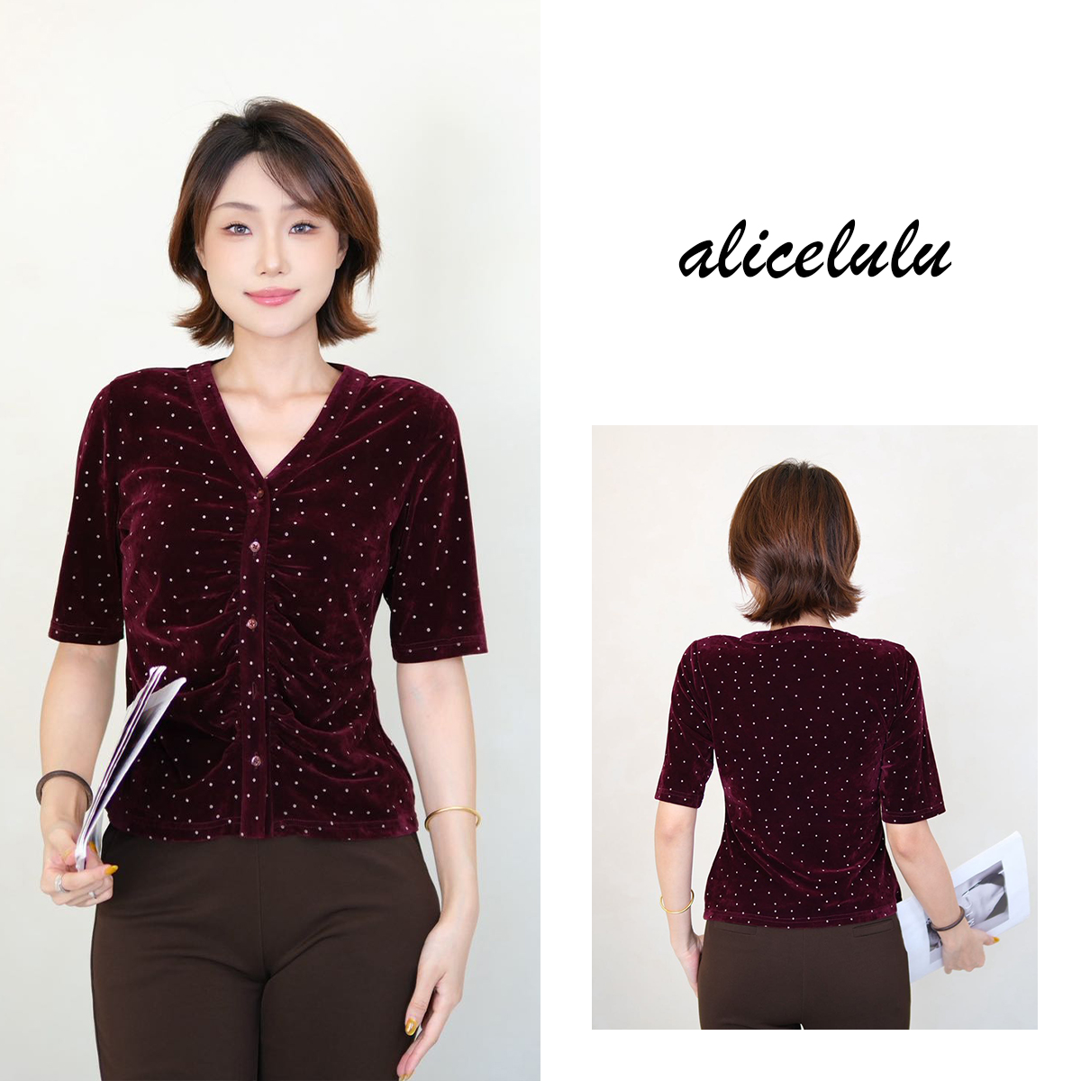 1alicelulu复古法式精致水钻V领褶皱短袖T恤上衣S2144335L