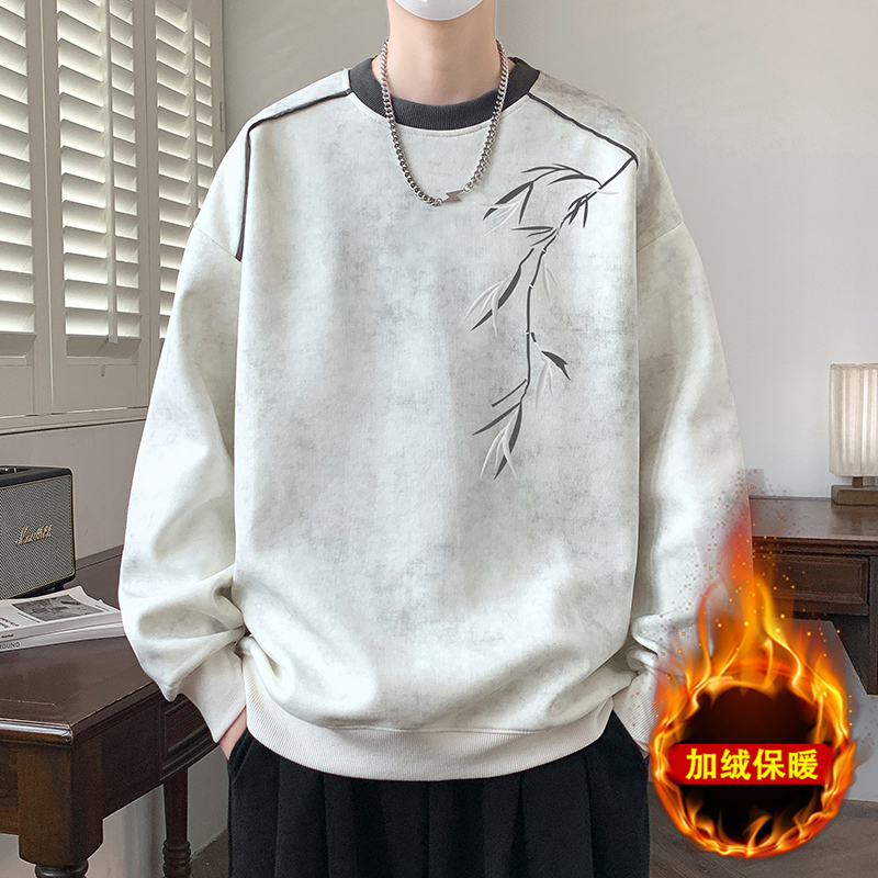 【高品质】2025秋冬季男士棉质印花卫衣加绒宽松百搭圆领打底3558