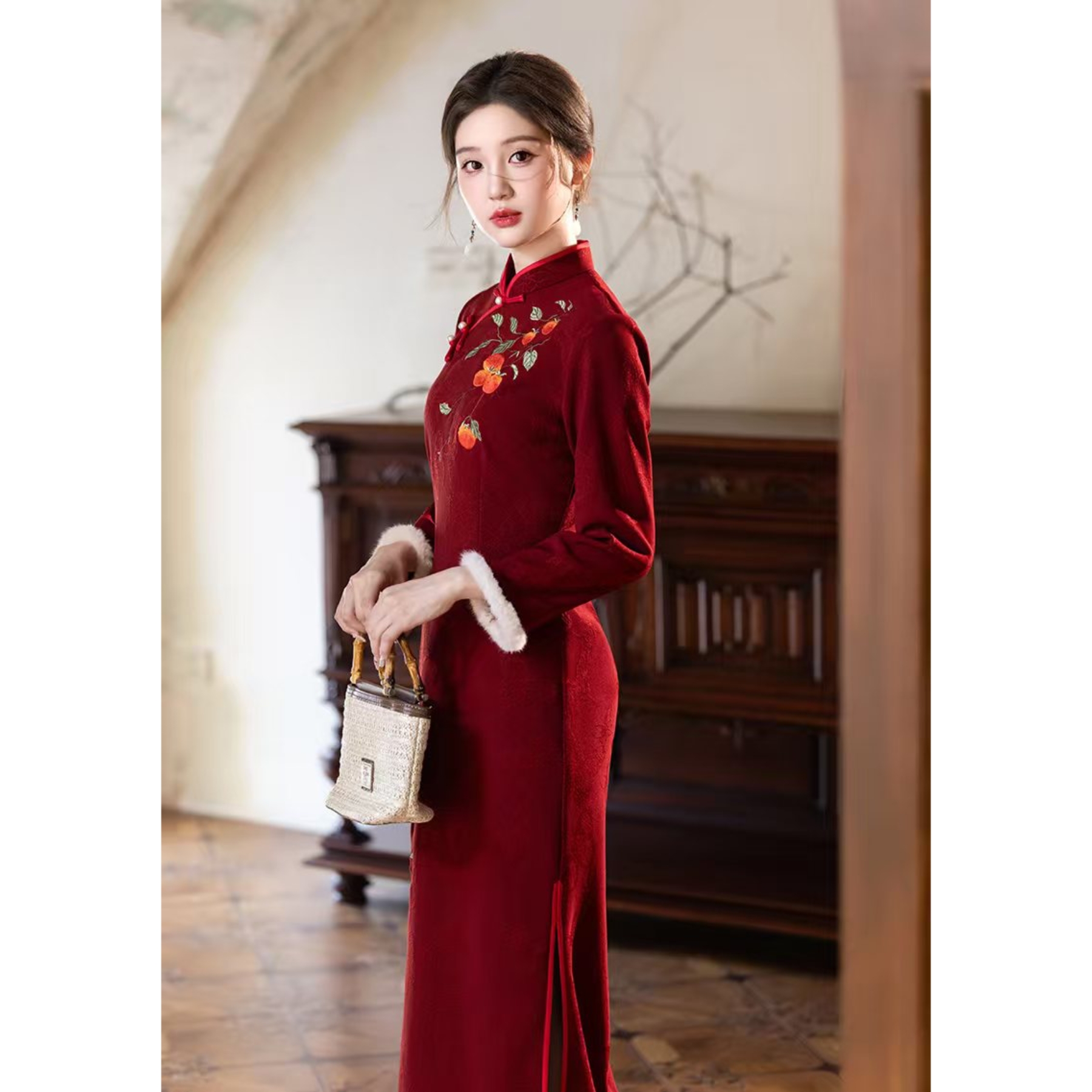 【柿柿如意】2025新款新中式两件套加厚气质旗袍修身优雅衣长120