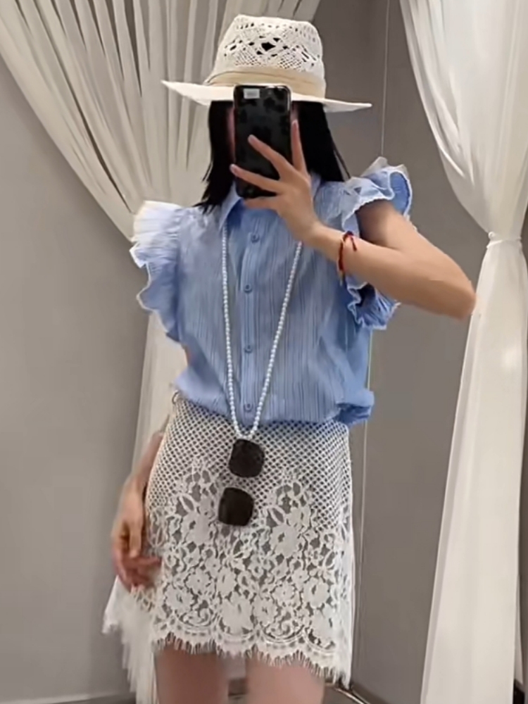 【济州岛】南油H1 花边袖拼接无袖条纹衬衫