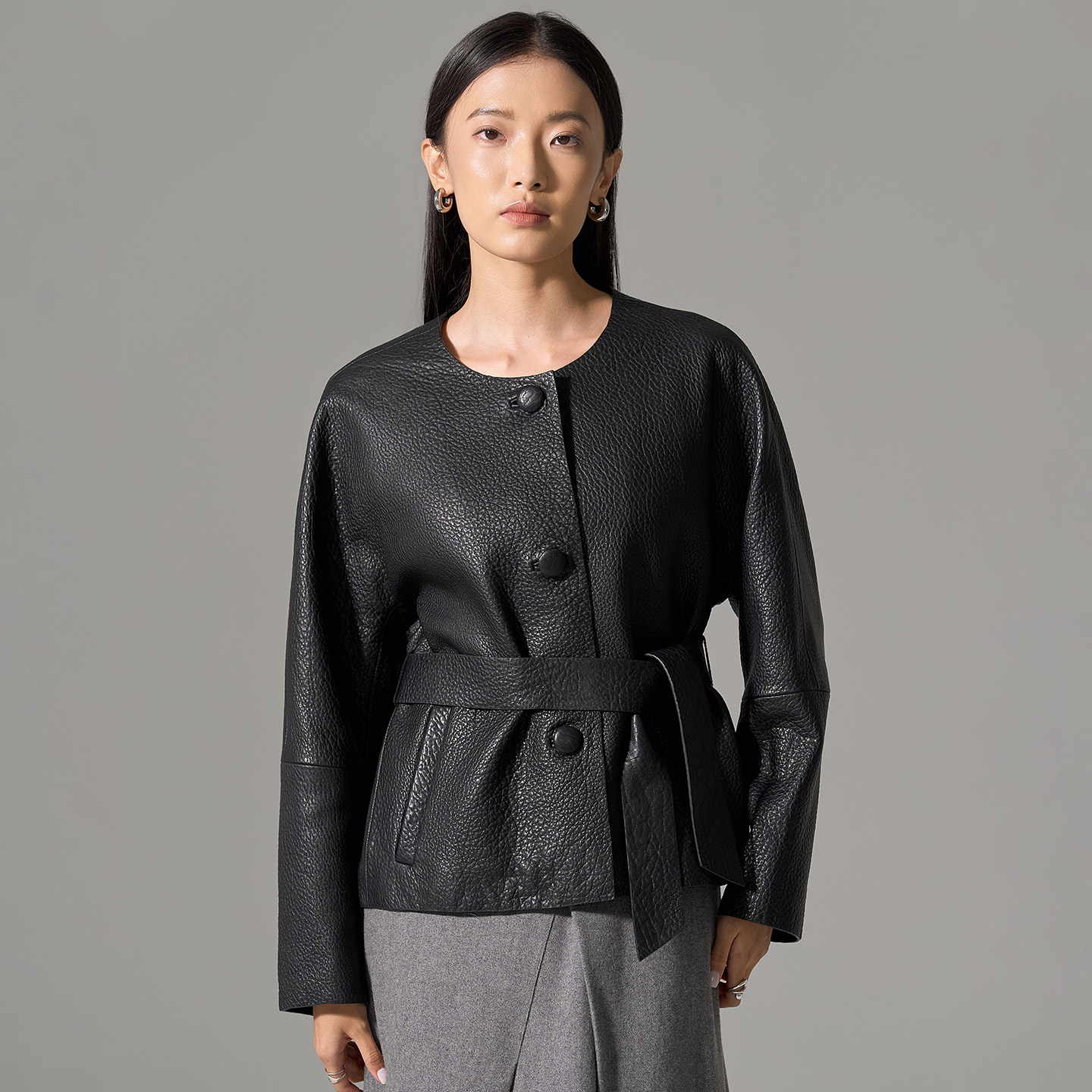 进口山羊皮泡皮真皮皮衣外套女2025新款短款收腰圆领休闲25335