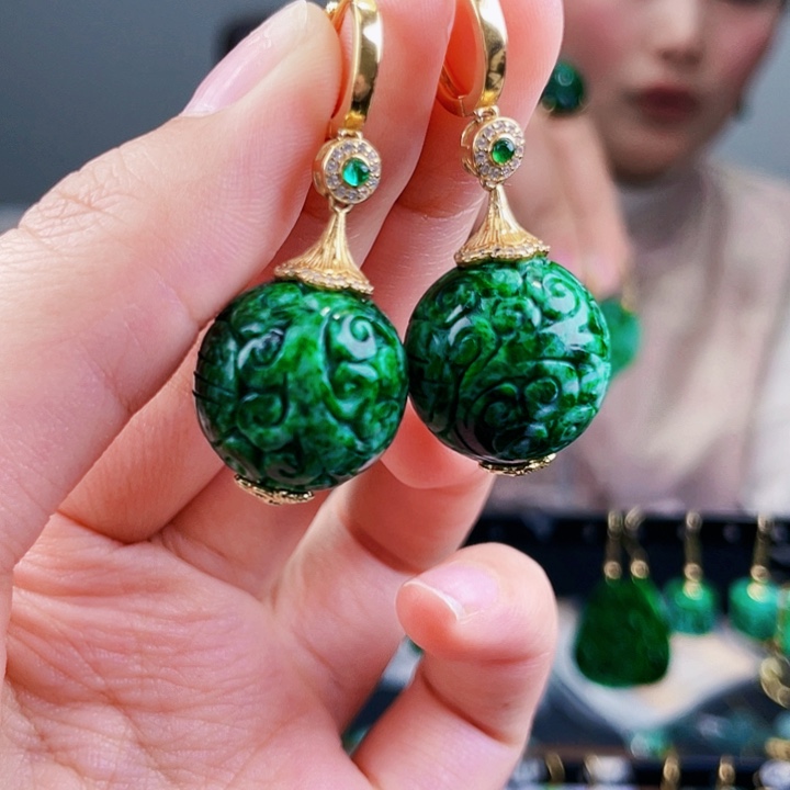 翡翠耳饰银S925镶嵌饰品