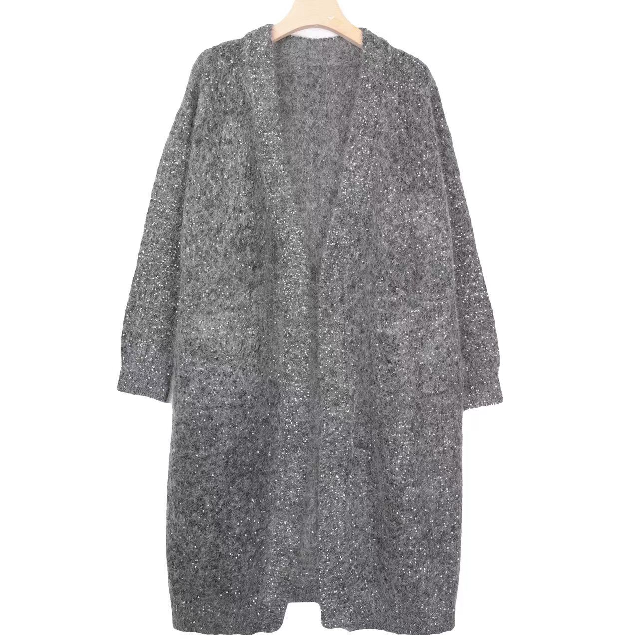 【萍萍】新款简约百搭中长款纯色慵懒风亮片马海毛