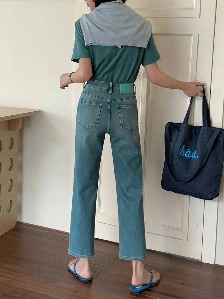 SU【113】代98 愫燕  牛仔裤女高腰弹力显瘦蓝色九分法棍裤