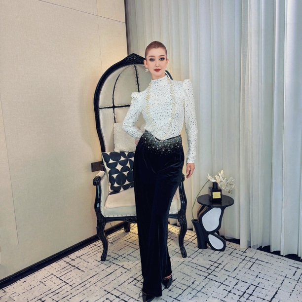 G&PARI（星夜耀眼）名媛气质黑色静奢风时尚显高腰瘦丝绒百搭裤子