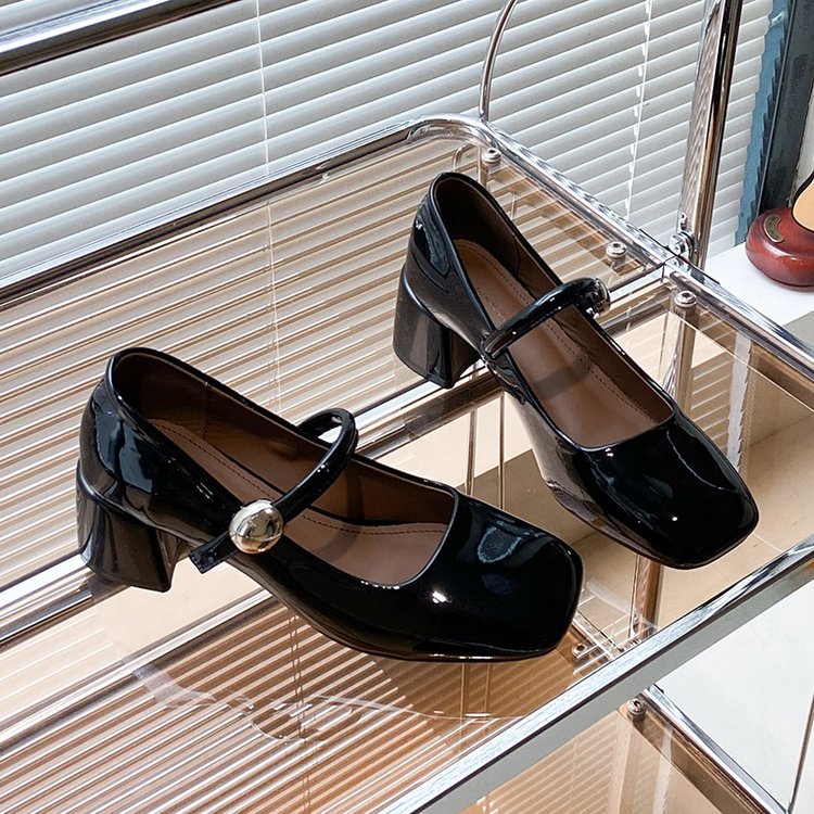 2025春季新款单鞋方头鞋头粗跟跟底橡胶鞋底PU内里玛丽珍鞋