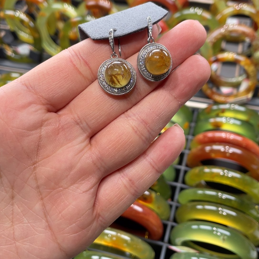 蛇纹石玉耳钉银S925镶嵌