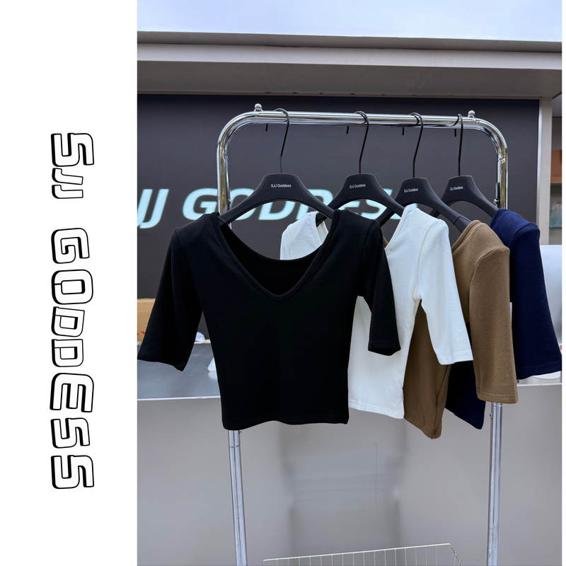 【娇娇私服定制】新款纯色五分袖垫肩高腰短袖T恤（衣长45）80227#