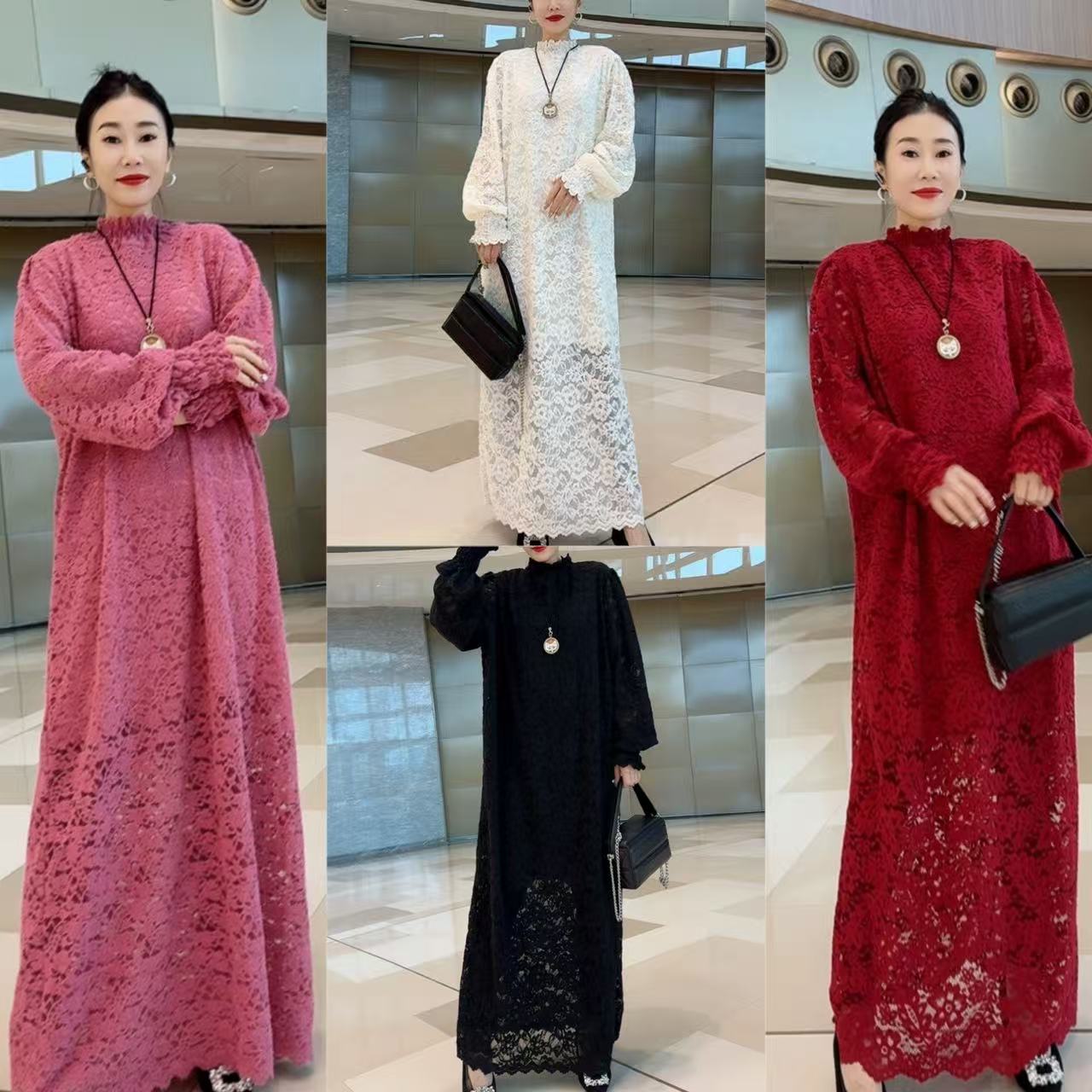 99中高领蕾丝连衣裙长裙气质宽松显瘦打底裙子