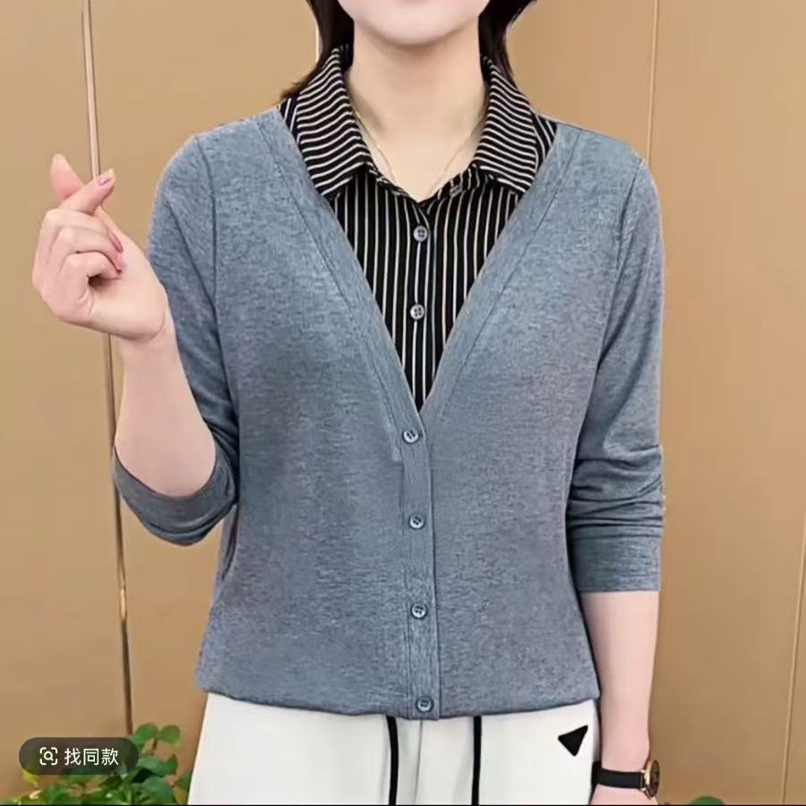 2025春季新款时尚条纹拼接假两件衬衫领气质百搭显瘦长袖上衣