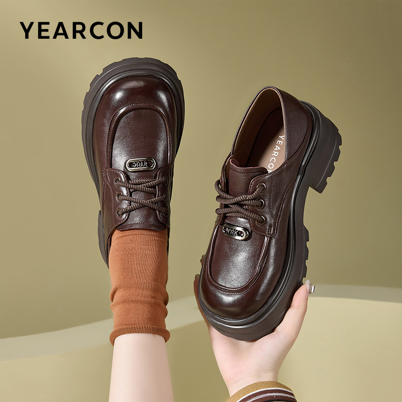 意尔康女鞋2025新款秋季小皮鞋女厚底系带乐福鞋粗跟单鞋26454W