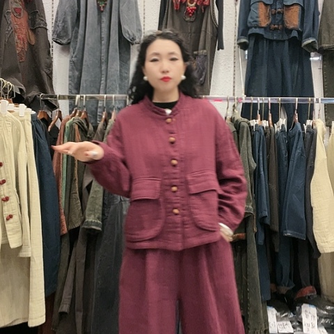 刺绣招财猫双层麻套装