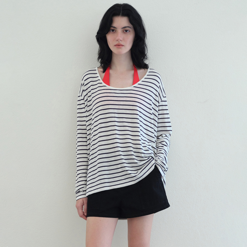 evi stub亚麻混纺复古撞色条纹休闲串珠系带大开领长袖T恤女秋季