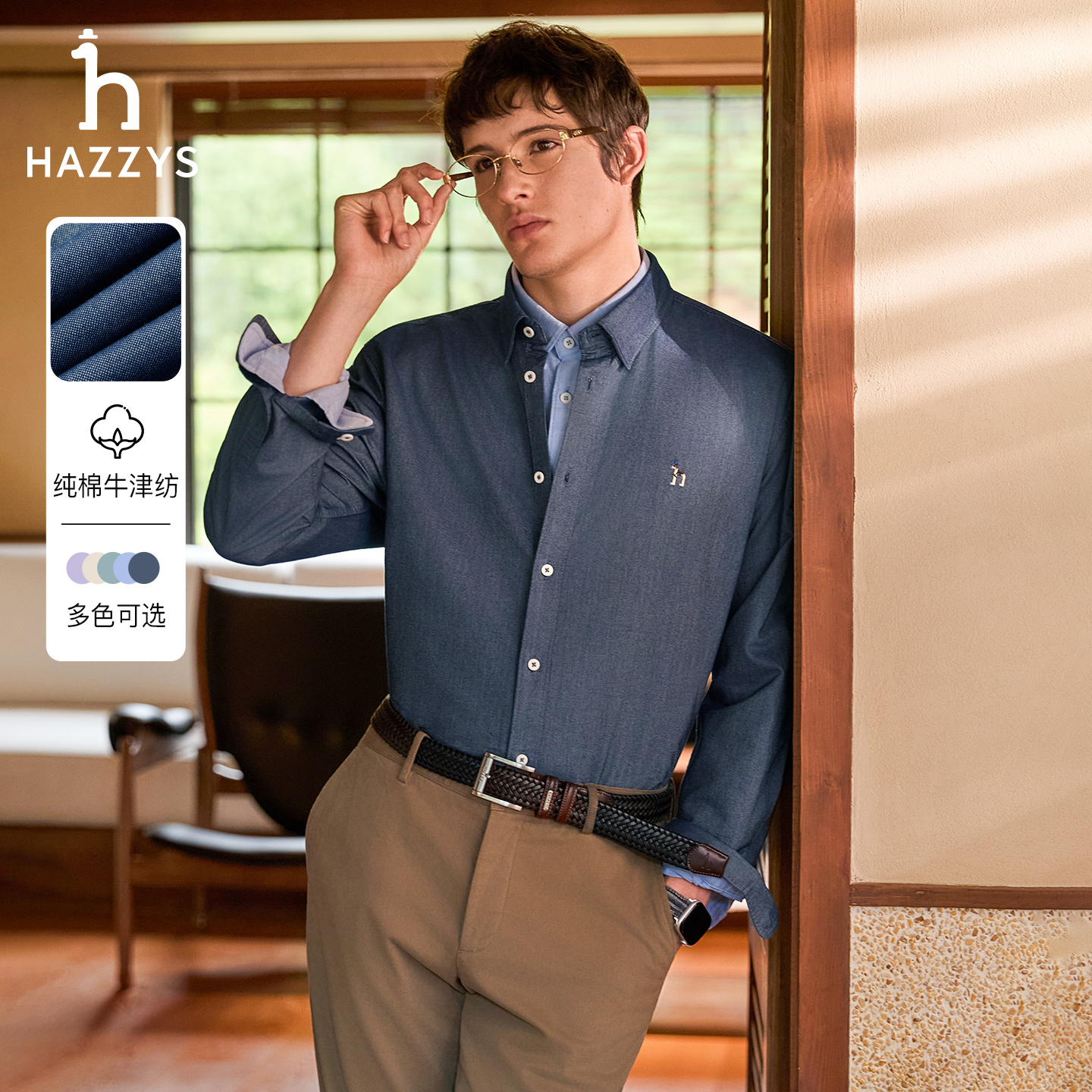 HAZZYS哈吉斯秋季男士长袖衬衫时尚百搭纯色男式商务休闲纯棉衬衣