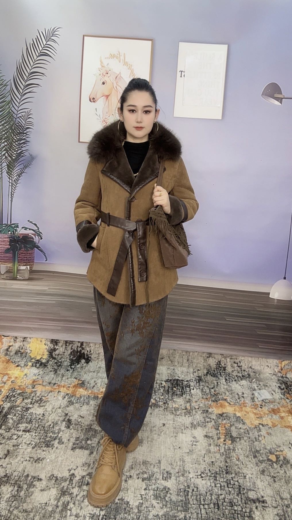 女V领街头风咖啡色中长款轻奢风F长款长袖