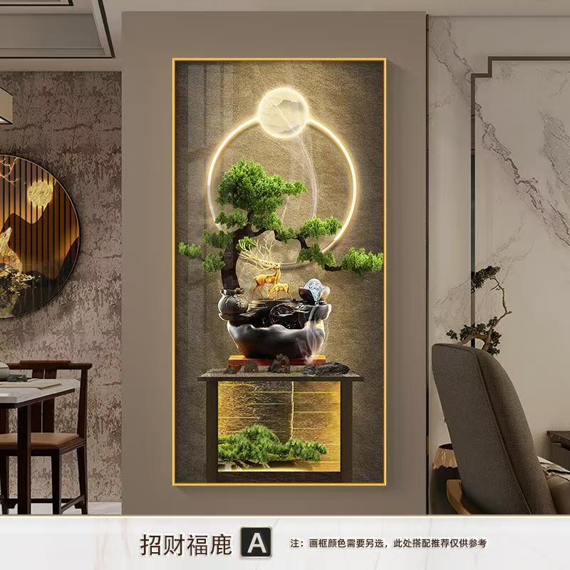 新中式进门正对墙挂画迎客松盆栽玄关挂画轻奢入户走廊过道壁画