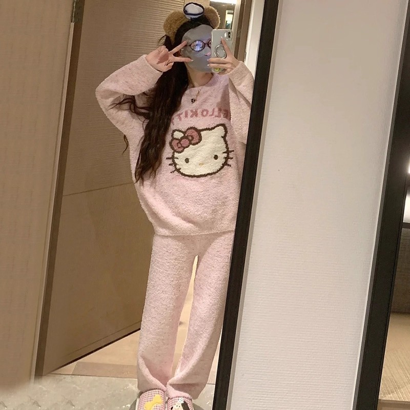 2025新款卡通凯蒂猫珊瑚绒睡衣女士秋冬季法兰绒加厚可外穿家居服