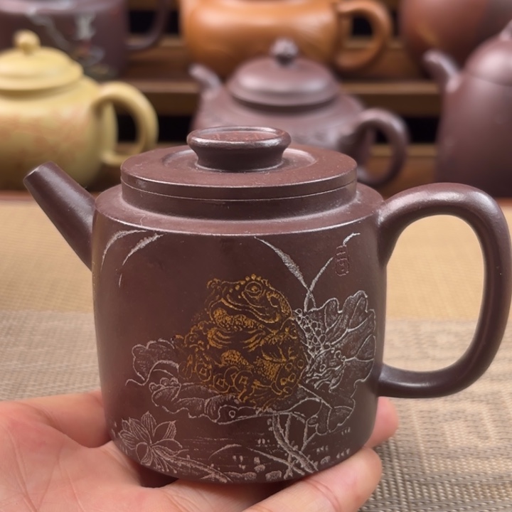 紫砂茶壶招财进宝原矿天青紫泥