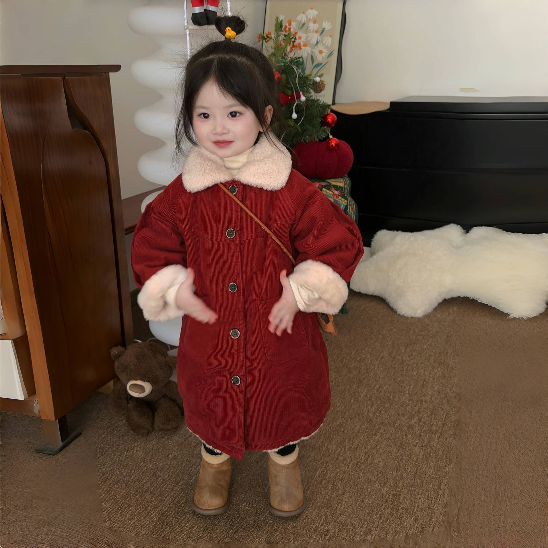  女童洋气大衣2025冬装新款韩版加绒棉服儿童红色年服加厚外套