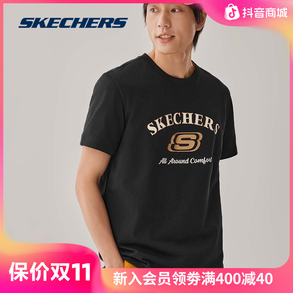 斯凯奇情侣男女同款简约休闲T恤圆领运动百搭短袖衫夏季印花内搭