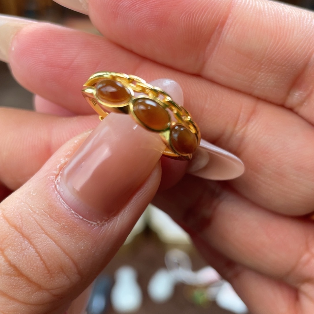 和田玉戒指银S925镀金镶嵌