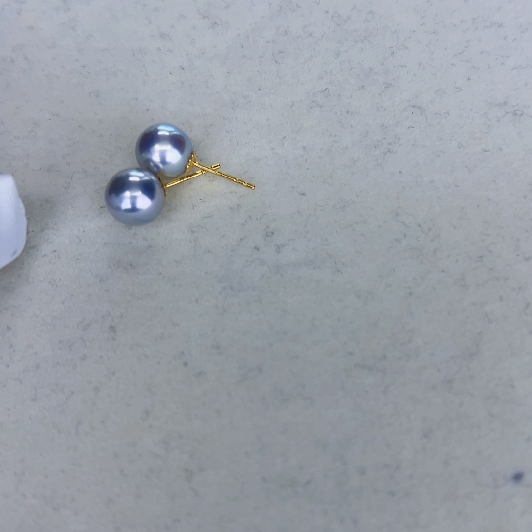 海水珍珠海水akoya真多麻色耳钉8-8.5mm18K金镶嵌