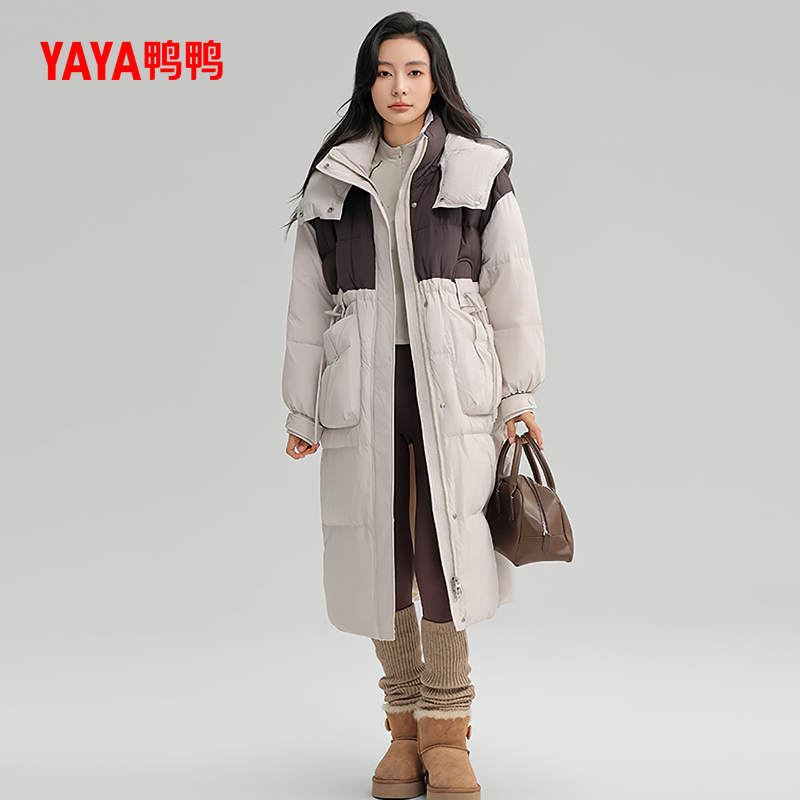 YAYA/鸭鸭长款过膝撞色羽绒服女2025年冬季新款收腰显瘦保暖外套