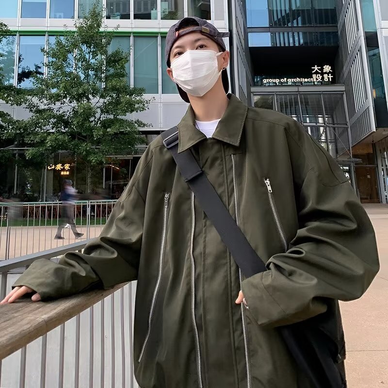 HT25春秋季高街设计感小众翻领夹克男复古潮牌宽松百搭休闲