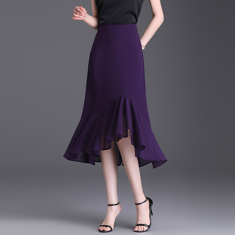 2025夏季新款时尚优雅高腰垂感雪纺半身裙女不规则荷叶边鱼尾裙潮