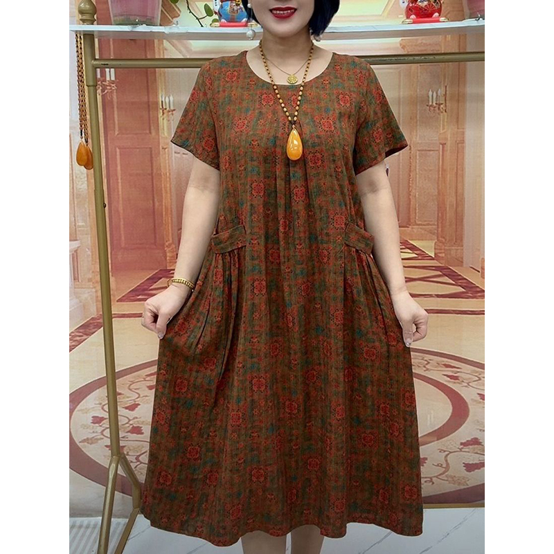 夏季碎花短袖连衣裙宽松印花中长款休闲风时尚中老年裙子