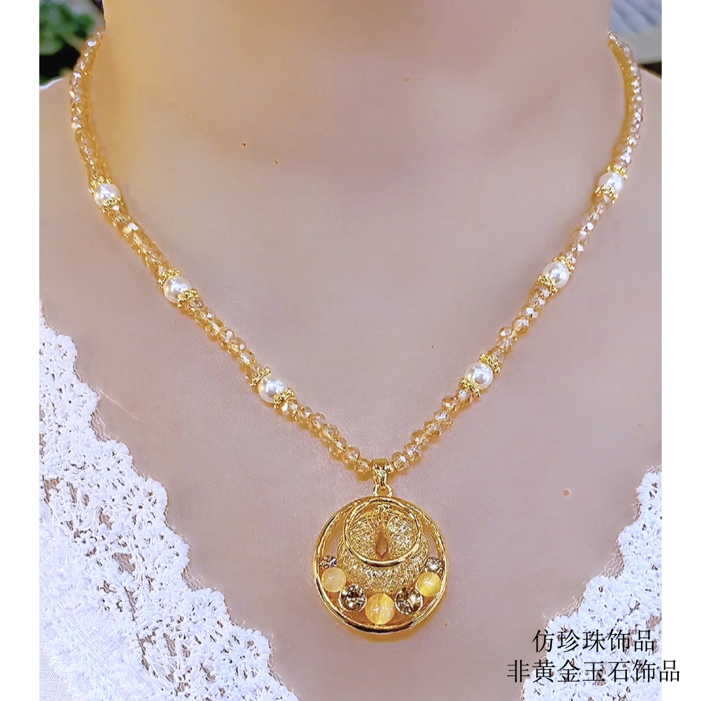 铜合金亚克力吊坠 钛钢仿珍珠项链 时尚气质百搭轻奢国风洋气项链