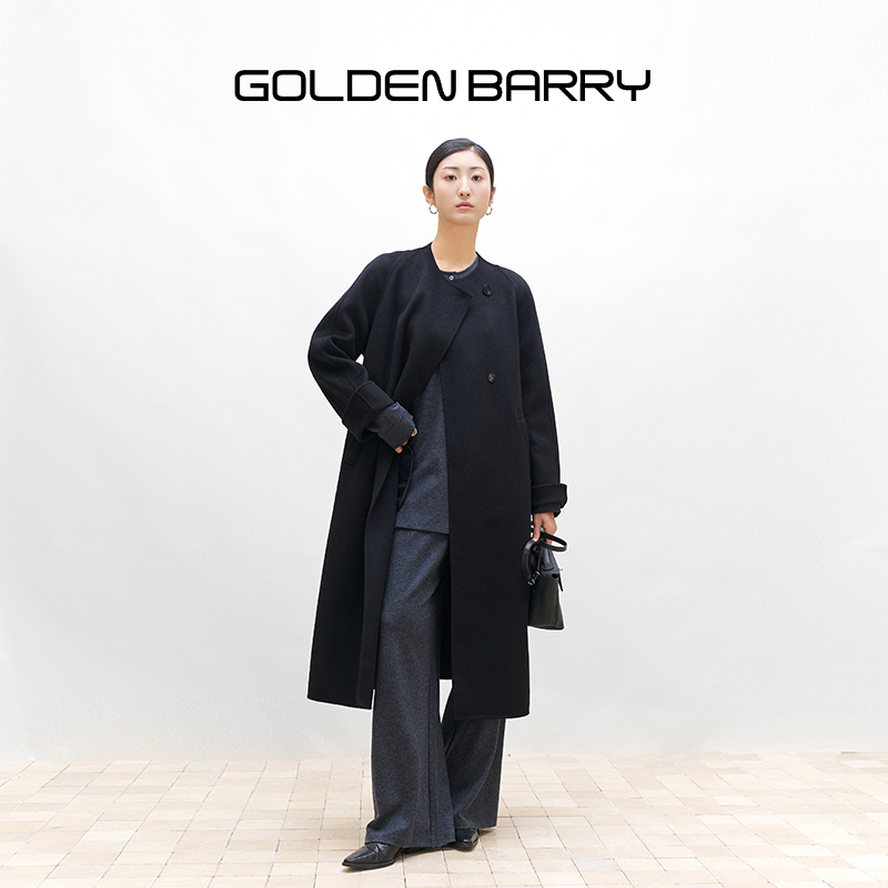 GOLDENBARRY|140066一粒扣圆领气质设计师轻奢简约带腰带长款大衣