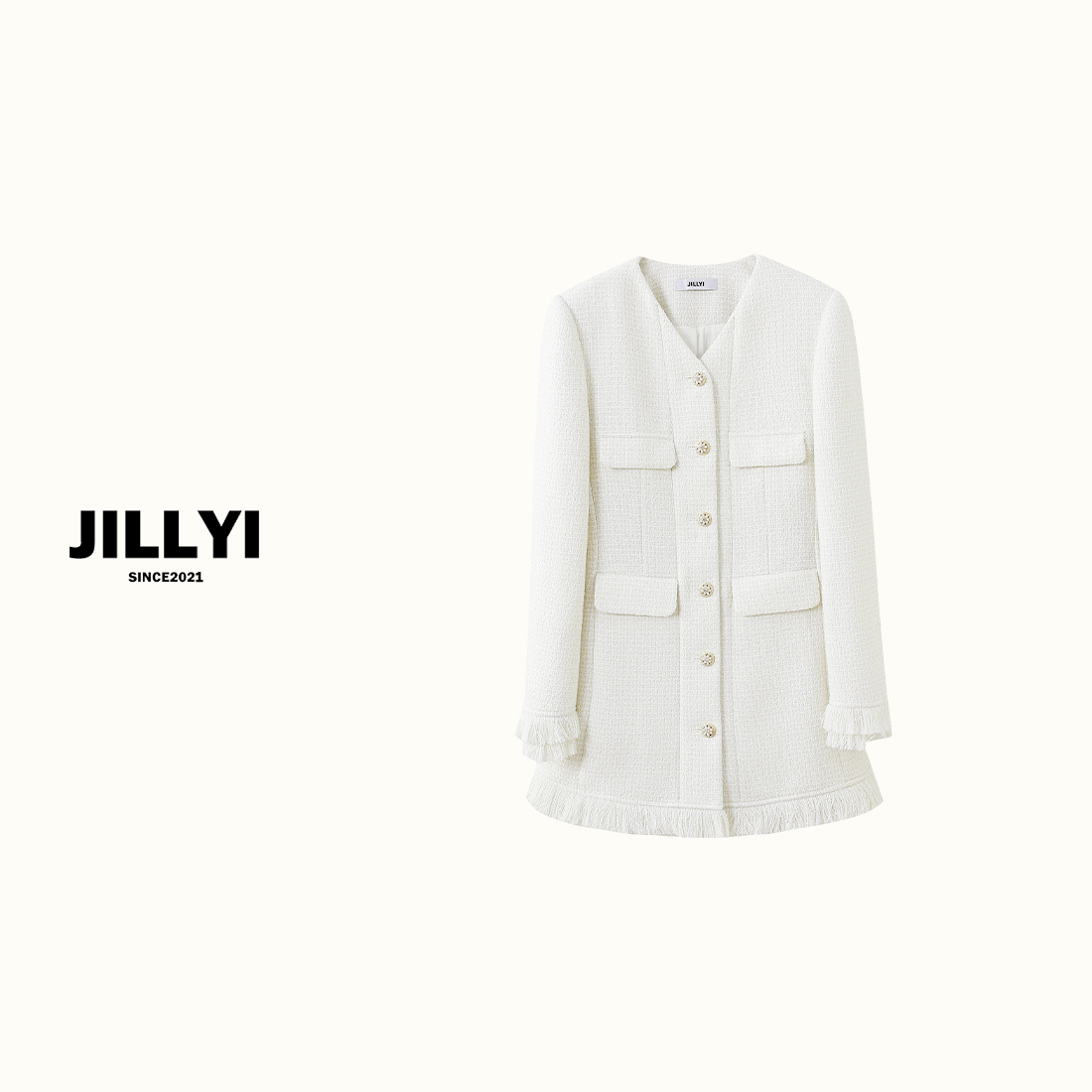 JILLYI南山店【白天鹅】白色V领流苏下摆纯色时尚秋季中长款外套