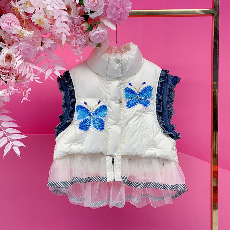 A4627欧美设计师2025冬季新款重工钉钻刺绣亮片蝴蝶拼纱羽绒马夹