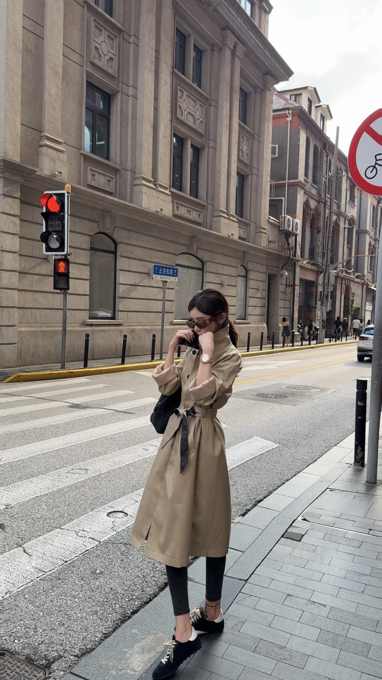 秋季卡其色编织皮领撞色长款风衣外套 WT6012