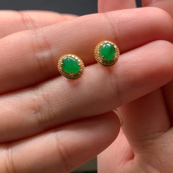 翡翠耳饰18K金镶嵌汤*圆翡翠